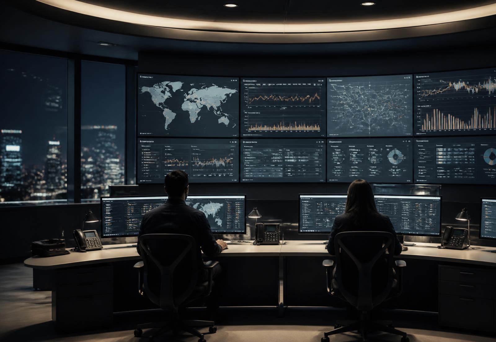 Two analysts working a live incident in a darkened security operations centre